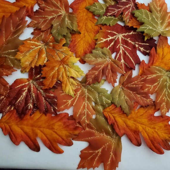 Fall / Autumn Fabric Maple & Oak Leaves with Glitter Highlights – Bag of (24) - Picture 2 of 6
